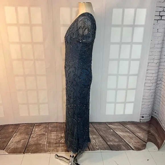 Pisarro Nights Sapphire Beaded Mesh V-Neck Short Sleeve Formal Gown Size 4 - Picture 10 of 14